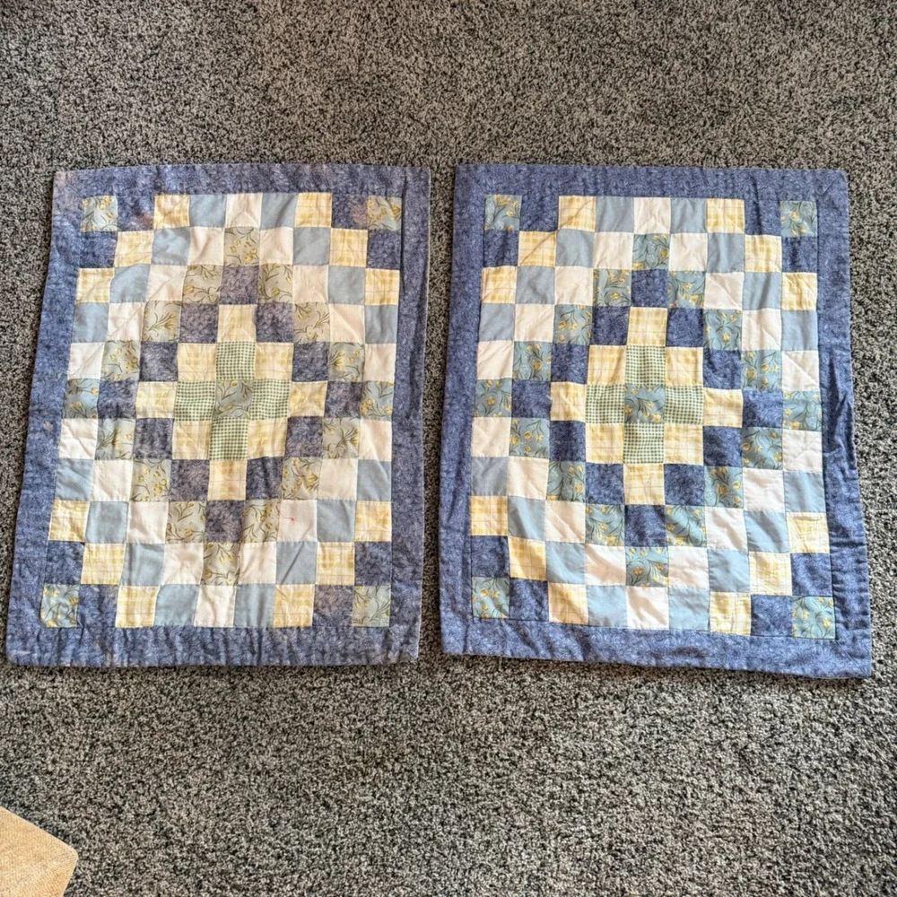 Vintage pillow shams Quilted Set of 2 Blue Yellow Floral Patchwork Cottagecore